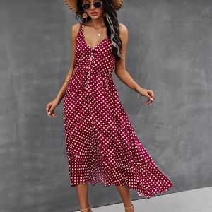 New Button Through Drawstring Waist Polka Dot Cami Dress Burgundy Red 226